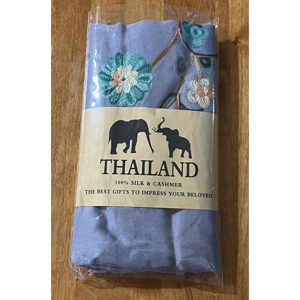 Thai Boho Scarf Blue Embroidered Floral Ends Wrap Lightweight Shawl Romantic 74"